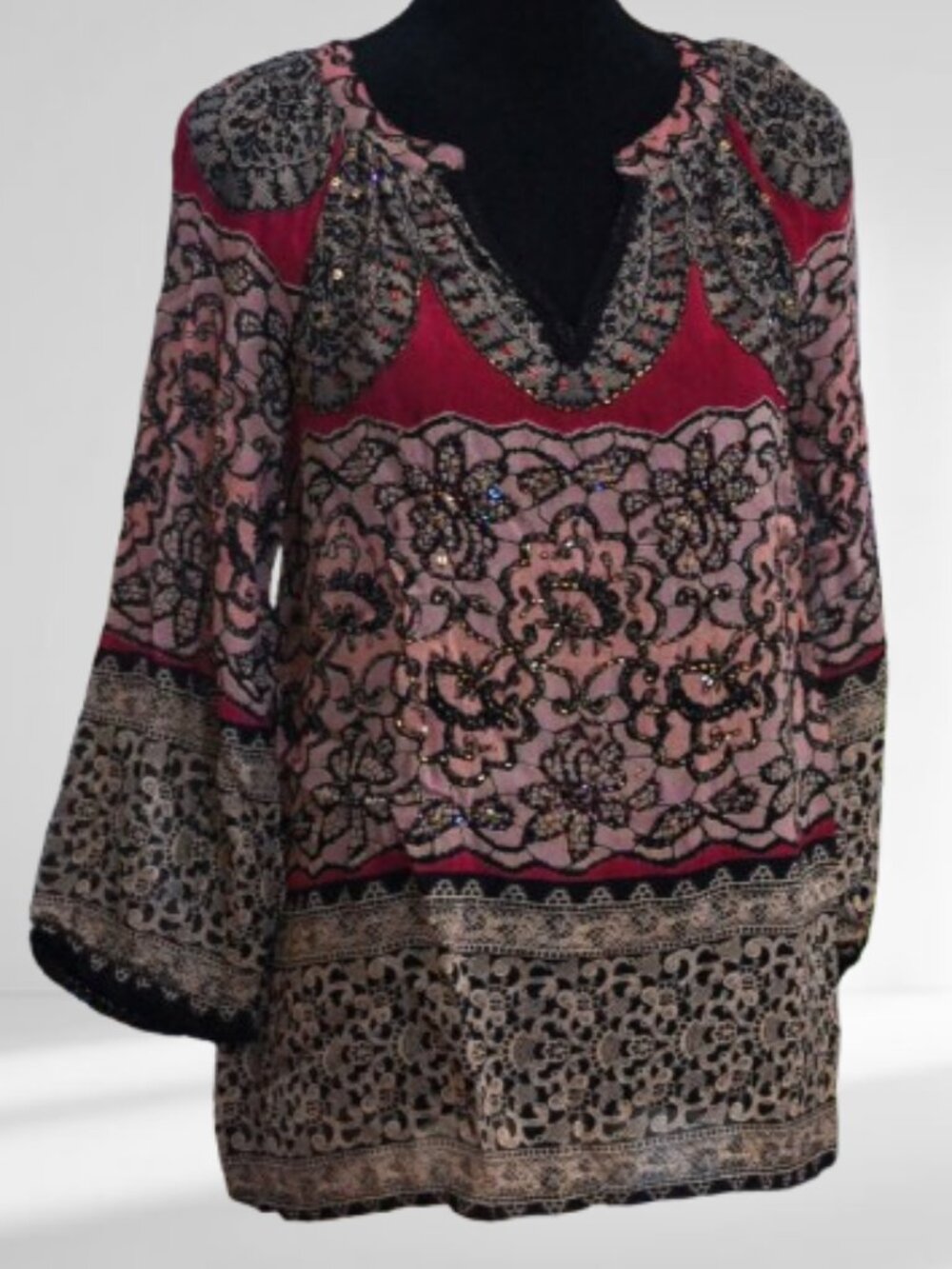 Bila Beaded sparkle blouse Black lace design Red & Mauve LARGE